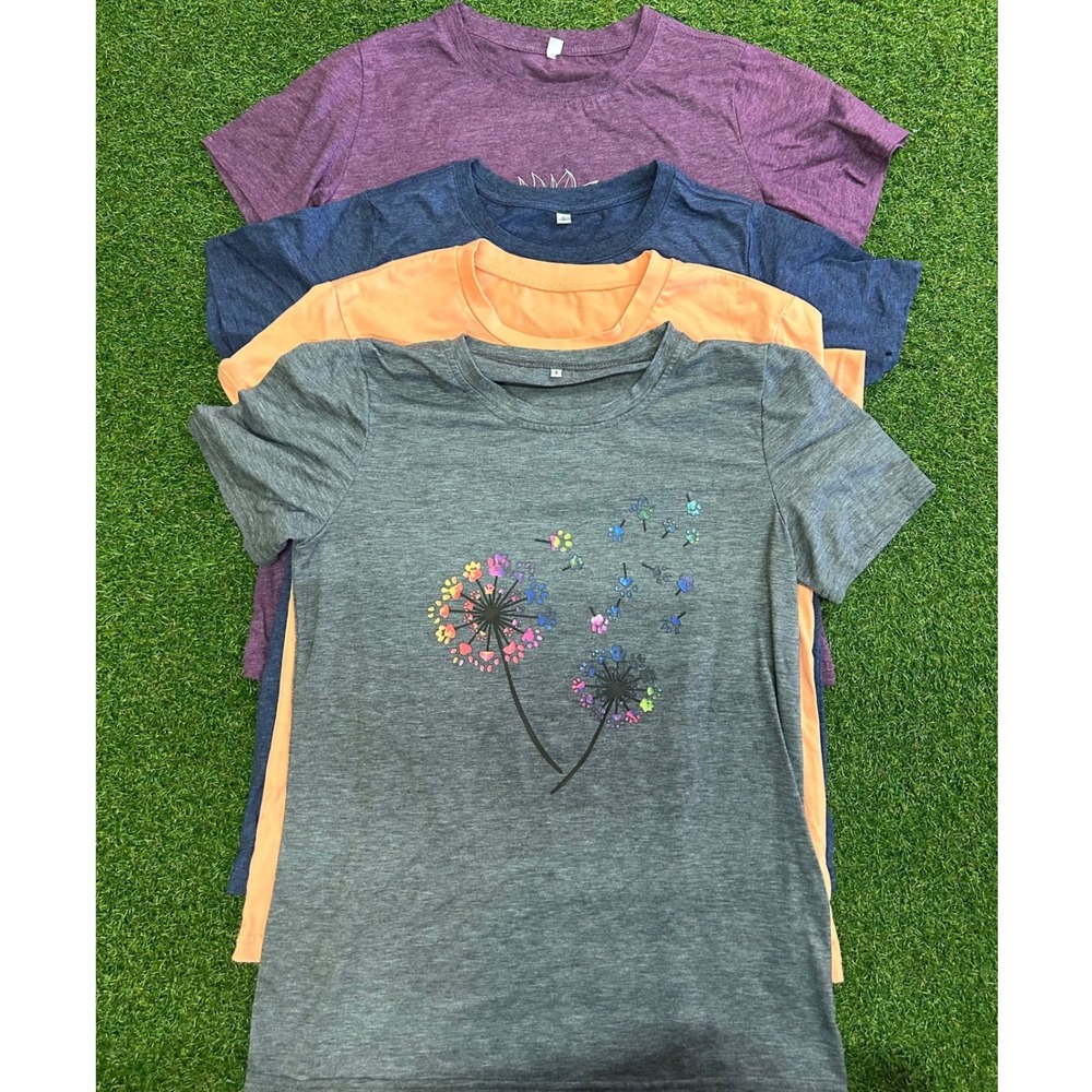 Lot of 4 Womens Graphic T-Shirts Small Sunflower Paw Print Dandelion Heathered